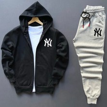 Risil-Nu Company Yeni Sezon Pamuklu Içi Şardonlu Kapüşonlu Cepli Ny Baskılı Sweat Ceket ve Eşofman Altı 2'li Takım