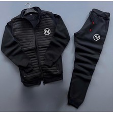 Risil-Nu Company Yeni Sezon Nc Baskılı Kapitone Triko Detaylı Yelek-Kışlık Eşofman Altı-Sweatshirt 3'lü Alt Üst Takım