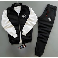 Risil-Nu Company Yeni Sezon Nc Baskılı Kapitone Triko Detaylı Yelek-Kışlık Eşofman Altı-Sweatshirt 3'lü Alt Üst Takım