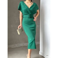 Incili Kruvaze Midi Boy Kemerli Elbise,