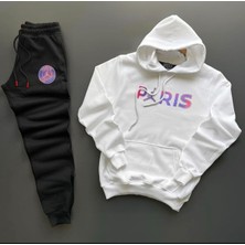 Risil-Nu Company Yeni Sezon Unisex Paris Baskılı Beyaz Pamuklu Hoodie- Pamuklu Siyah Eşofman Altı Takım 2'li