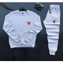 Risil-Nu Company Yeni Sezon Unisex Bulls Baskılı Gri Pamuklu Sıfır Yaka- Pamuklu Gri Eşofman Altı Takım 2'li