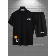 Risil-Nu Company Unisex Nasa Astronot Baskı Siyah Oversize Tshirt -Slim Fit Nasa Baskılı Siyah Şort Alt Üst Takım