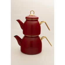 UltraMint Bordo Emaye Çaydanlık Takımı 2 Lt, Altın Renkli Metal Kulplu, Retro Tasarım