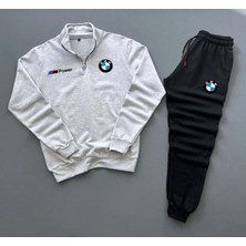 Risil-Nu Company Yarım Fermuar Bmw Baskılı Pamuklu Gri Sweat & Pamuklu Siyah Eşofman Altı Takım Alt Üst 2'li