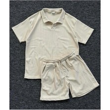 Risil-Nu Company Premium Pamuklu Petek Kumaş Kendinden Desenli Unisex Polo Yaka T-Shirt ve Şort Takım
