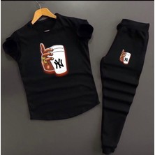 Risil-Nu Company Yeni Sezon Unisex Ny Bardak Baskılı Slim Fit Tişört- Siyah Dar Kesim Eşofman Kombin Alt Üst Takım