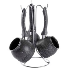 UltraMint 4 Parça Gri Granit Kaplamalı Standlı Cezve Seti, Kullanışlı ve Şık Tasarım