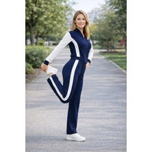 DNRYSL Kadın Fermuarlı Şerit Detaylı Eşofman Takımı Lacivert Bol Paça