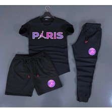 Risil-Nu Company Yeni Sezon Paris Baskılı Trend 3’lü Tişört-Eşofman-Şort Slim Fit Takım Alt Üst