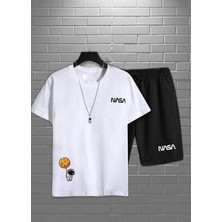 Risil-Nu Company Unisex Nasa Astronot Baskı Beyaz Oversize Tshirt -Slim Fit Nasa Baskılı Siyah Şort Alt Üst Takım