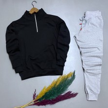 Risil-Nu Company Yeni Sezon Yarım Fermuarlı Pamuklu Siyah Sweat- Gri Eşofman Altı Takım Alt Üst 2'li