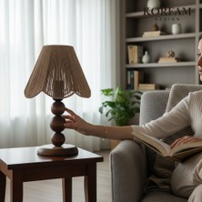 KorFam Rosalinda Abajur - Kahverengi Hasır El Yapımı Bohem Asimetrik Şekilli Ahşap Ayaklı Rustik Abajur