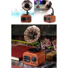 Munico Gramafon Görünümlü Ahşap Renkli Mini Bluetoothlu Hoparlör Speaker Sterio Eğlenceli Dekoratif Müzik