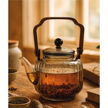 UltraMint Ahşap Tutacaklı Cam Bitki ve Çay Demliği, Oryantal Tasarım, 850 ml