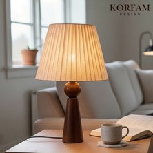 KorFam Bej Keten Kumaş Başlıklı Ahşap Abajur