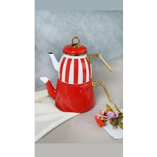 UltraMint Retro Çizgili Emaye Kırmızı Çaydanlık ve Demlik Seti