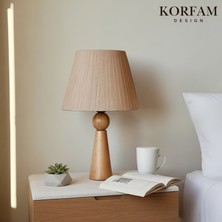 KorFam Bej Keten Kumaş Başlıklı Ahşap Abajur