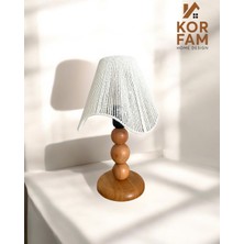 KorFam Wavy Abajur - Beyaz Hasır El Yapımı Bohem Asimetrik Şekilli Ahşap Ayaklı Rustik Abajur