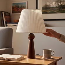 KorFam Beyaz Keten Kumaş Başlıklı Ahşap Abajur