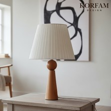 KorFam Beyaz Keten Kumaş Başlıklı Ahşap Abajur