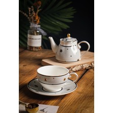 UltraMint 4 Parça Emillia Altıgen Gold Desenli Çay ve Kahve Fincanı ile Porselen Demlik Seti