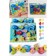 Munico 12'li Balık Yakalama Ahşap Bulmaca Kurulu Manyetik Balıkçılık Oyunu Eğitici Oyuncak Seti Ahşap Olta