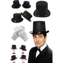 Munico Gösteriler Için Ilizyon Sihirbaz Yetişkin Boy Siyah Sihirbaz Fötr Şapka ve Beyaz Eldivenler