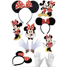 Munico Fiyonklu Minnie Mouse Tacı + Beyaz Eldiven Seti Parti Etkinlik Çocuklar Için Uyumlu Kırmızı Fiyonklu