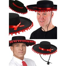 Munico Kırmızı Ponponlu Siyah Ispanyol Şapkası Yetişkin Boy Parti Eğlence Şapkası Tasarım Konsept Şapkası