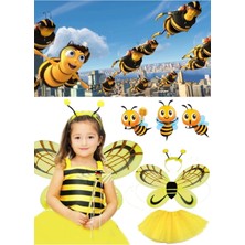 Munico Set Çocuk Peri Kostüm Seti Arı Parıltılı Sevimli Kanat Çizgili Katmanlı Etek Her Yaş Çocuğa Uygun