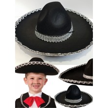 Munico Geleneksel Mariachi Kostümü Çocuklar Için Meksika Gösteri Şapkası Kaliteli Gümüş Renk Şeritli 55 cm