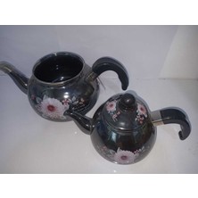 UltraMint Çiçek Desenli Emaye Çaydanlık Seti, Büyük Boy, Metalik Detaylar