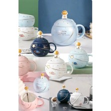 Munico Astronot Temalı Kabartma Karikatür Seramik Fincan Kapaklı Uzay Serisi Hediye Kahve Kupa 400ML