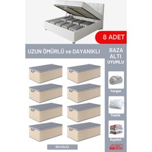 Evsella 8'li Set - Geometrik Çizgili Bej Büyük Boy Baza Altı & Çekyat Altı Hurç (60 x 40 x 22 Cm)