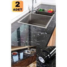Munico 2 Adet Yapışkanlı Mermer Görünümlü Masa Tezgah Dolap Mutfak 5 Metre x 60 cm Mermer Folyo Kağıt Siyah