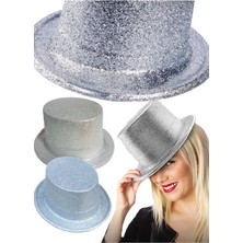 Munico Sihirbaz Şapkası Gümüş Sihirbaz Hokkobaz Şapkası Plastik Gümüş Renk Uzun Plastik Simli Parti Şapkası