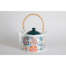 UltraMint Çiçek Desenli Hasır Saplı Porselen Çaydanlık, Zarif ve Şık Tasarım