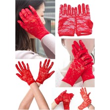 Munico Kırmızı Kadın Seksi Dantel Çiçek Mesh Düğün Partisi Kostümü Sürüş Gece Eldivenleri Kadın Gelin Sexy