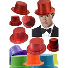 Munico Hokkobaz Şapkası Plastik Kırmızı Renk Uzun Plastik Simli Parti Şapkası Sihirbaz Şapkası Kırmızı Şık