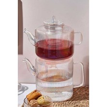 UltraMint Şık Çizgili Borosilikat Cam Çaydanlık Seti 1.1l ve 1.75L