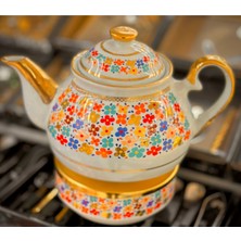 UltraMint Yaldızlı Çiçekli Porselen Demlik ve Isıtıcı Seti