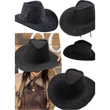 Munico Yetişkin Boy Bağcık Çizgili Vintage Batı Kovboy Şapka Süet Kumaş Siyah Şapka Açık Güneş Koruma