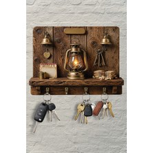 Time in a Tin 2d Ahşap Duvar Askısı Anahtarlık Retro Gaz Lambası Dekoratif Duvar Anahtar Askısı