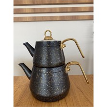 UltraMint Siyah 3 Parça Granit Çaydanlık Seti, Gold Metal Kulplu, Şık ve Dayanıklı