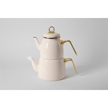 UltraMint Krem Renk Emaye Çaydanlık Takımı, Gold Saplı, Şık ve Dayanıklı Set