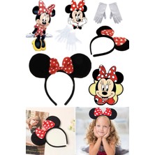 Munico Çocuklar Için Uyumlu Kırmızı Fiyonklu Minnie Mouse Tacı ve Beyaz Eldiven Seti Tiyatro Parti Eğlence