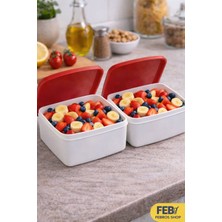 Febros Kırmızı Kapaklı 2 Li  Çok Amaçlı Sızdırmaz Dikdörtgen Meyve Sebze Erzak Saklama Kabı