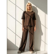 Kokoşum Butik 7492 Yanları Simli Şeritli Takım Kahve