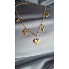 Initium Premium Paslanmaz Stainless Steel Çelik 14K Kalp ve Kilit Charmlı Kolye